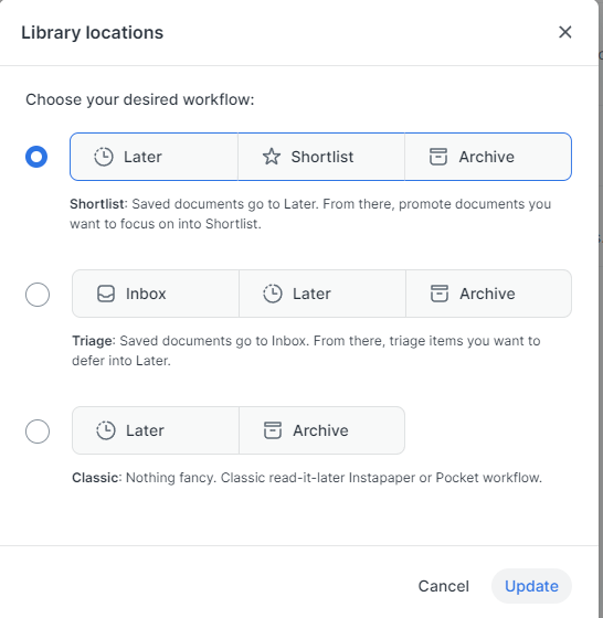 Readwise Reader library locations settings