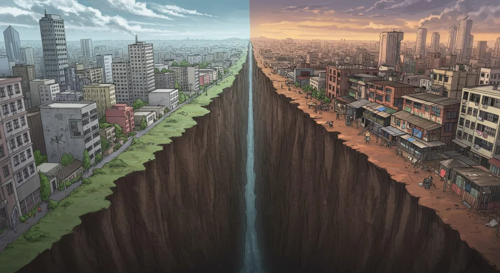 An AI generated image of how I see the Exponential gap on side are the wealthy who are able to make full use of the technology and on the other side are the people who have been left behind