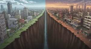 An AI generated image of how I see the Exponential gap on side are the wealthy who are able to make full use of the technology and on the other side are the people who have been left behind