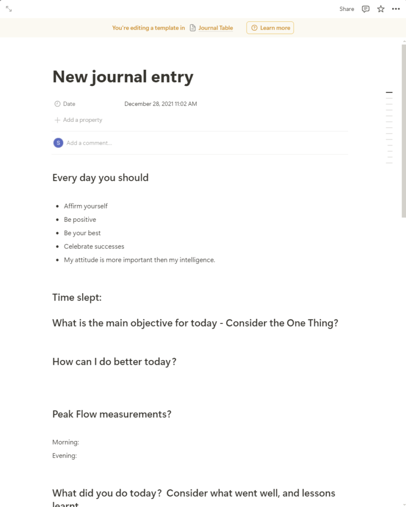 A screenshot of the template I had used for my Notion daily journal