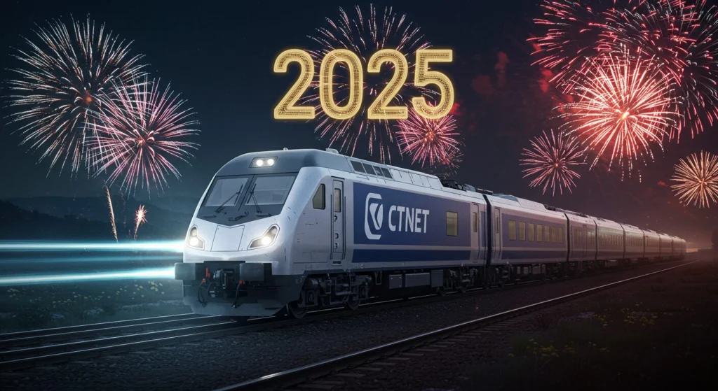 An AI generated image showing CTNET represented as a train entering 2025 with fireworks going of around it