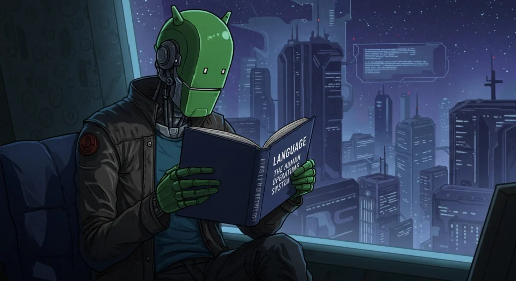 An AI generated image of an Android holding a book on its cover are the words. Language. The Human Operating System.