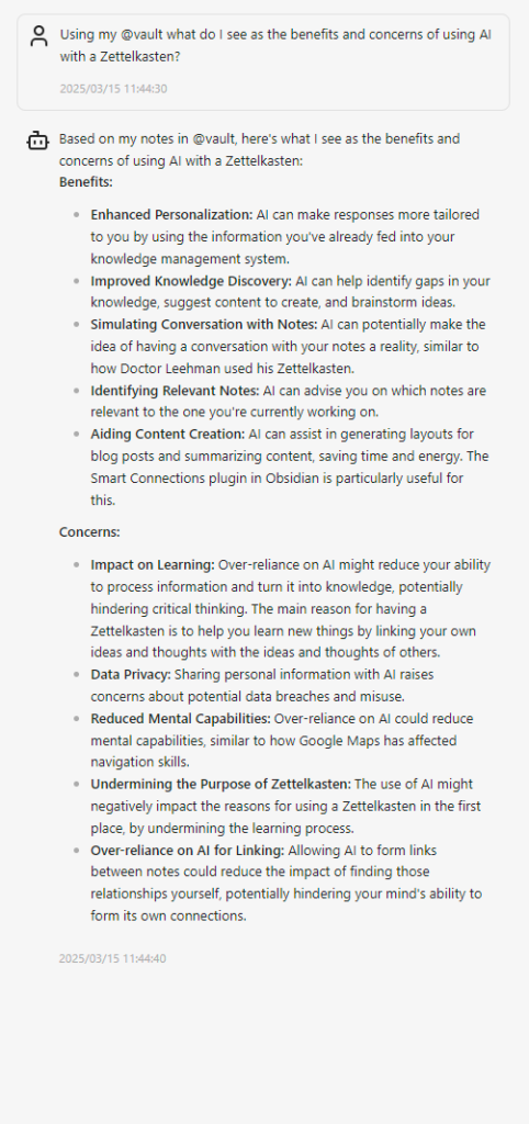 Having a chat with my Zettelkasten via the Obsidian co-pilot AI community plugin.