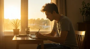 A man seating at his desk journaling. You can see the sunrising through his window. This image was generated by AI.