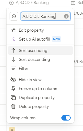The menu displayed when you click on a Notion database column header. The menu includes options to carry out an ascending or descending sort
