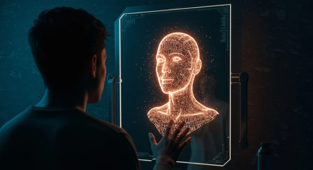 Humanity reflected by AI like a refection in a mirror. Image was generated by AI
