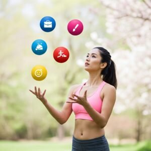An AI generated idea of a woman juggling five balls. Each ball represents a key aspect of her life such as work and family