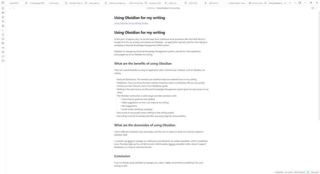 Screenshot of a blog post I was writing in Obsidian
