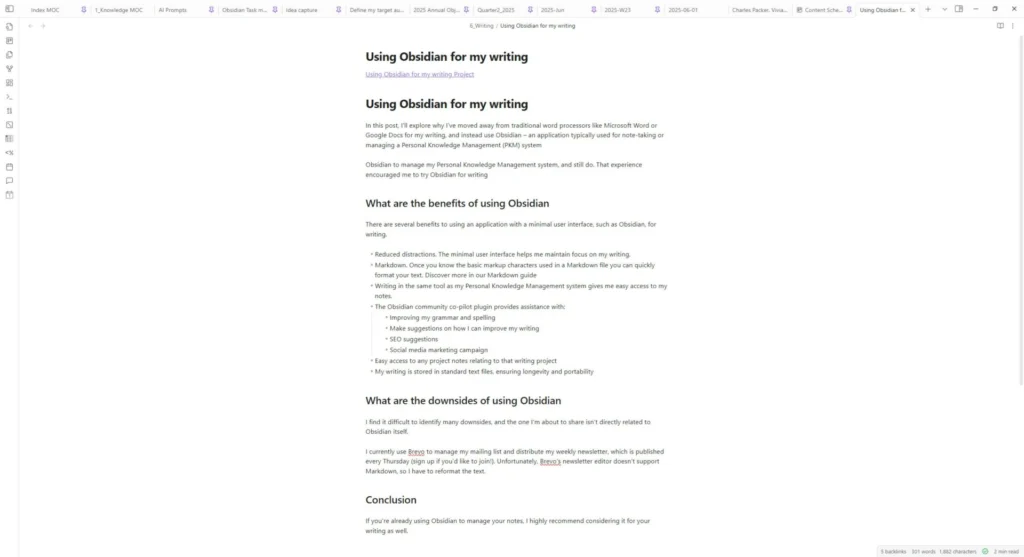 Screenshot of a blog post I was writing in Obsidian