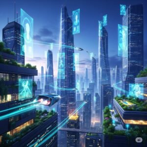 An AI-generated of a potential future developed in partnership between humans and Artificial General Intelligence