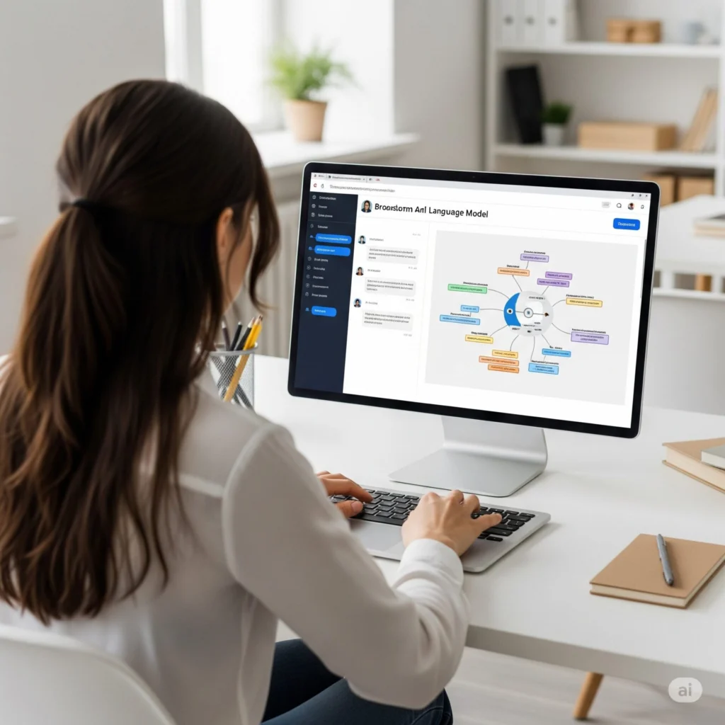 An AI generated image showing someone having a brainstorming session with a Large Language Model.