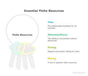 A diagram showing the essential finite resources of productivity which are time, attention/focus, energy, and money