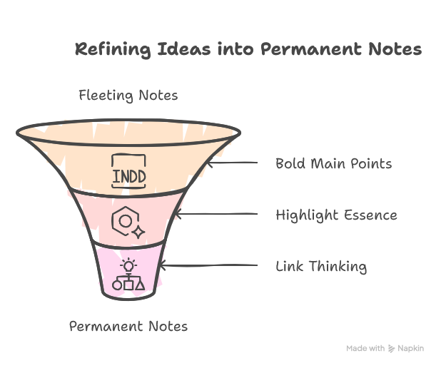 A graph showing how ideas can be refined between the original fleeting note and the permanent note that goes into your Zettelkasten.