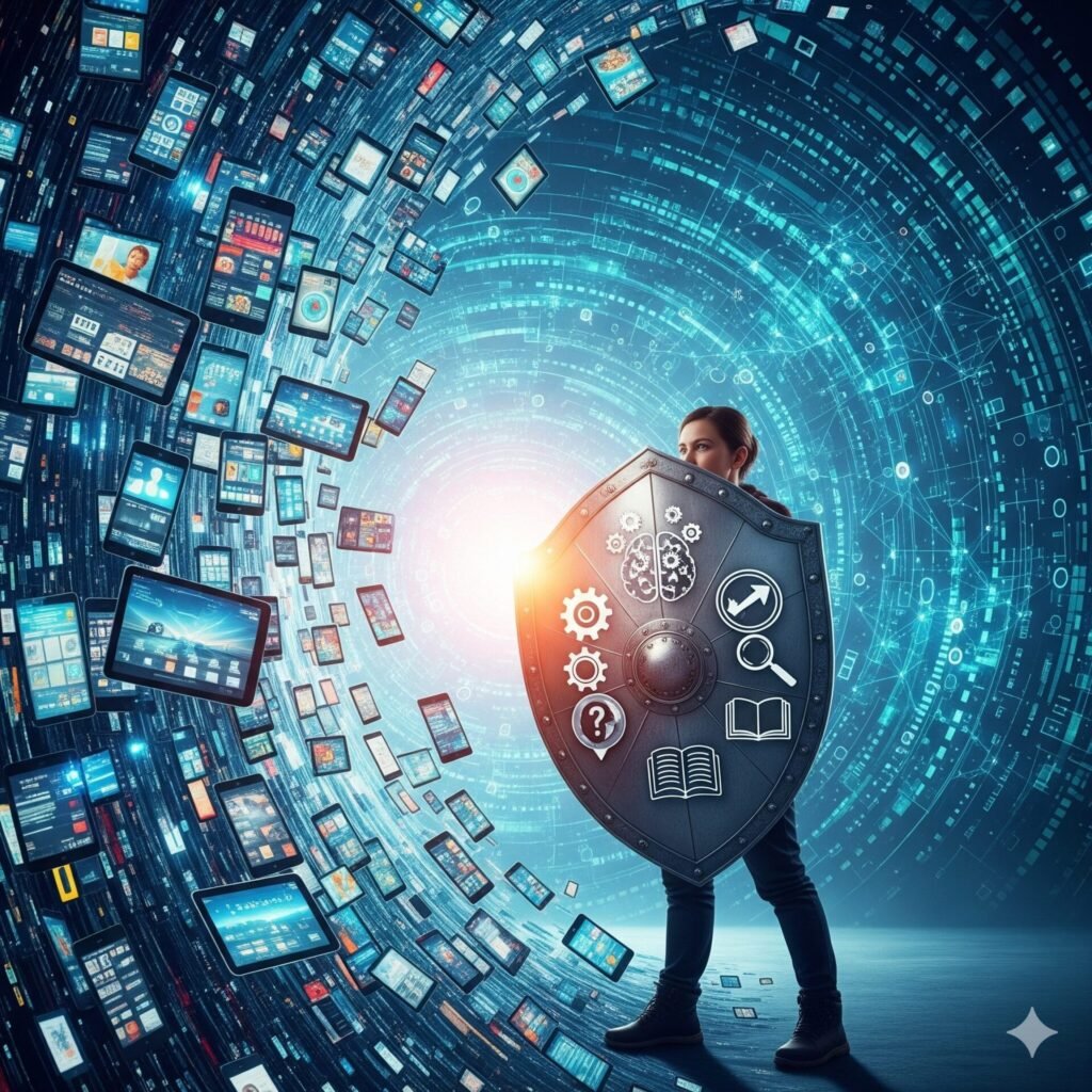 An image of a person with a shield protecting their mind from misinformation distributed digitally