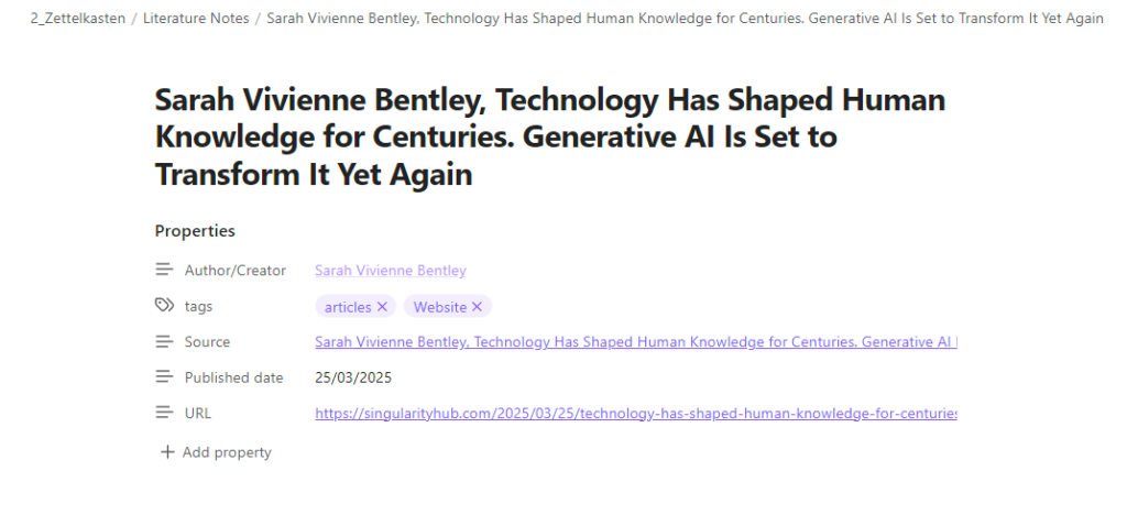 A screenshot showing the type of properties I use in my literature notes in Obsidian