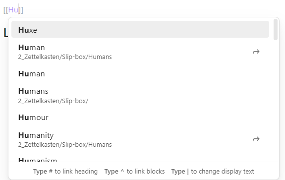 Permanent not for Humans already exist in my Zettelkasten. I can see this as Human is appearing in the list with details on where the note is stored.