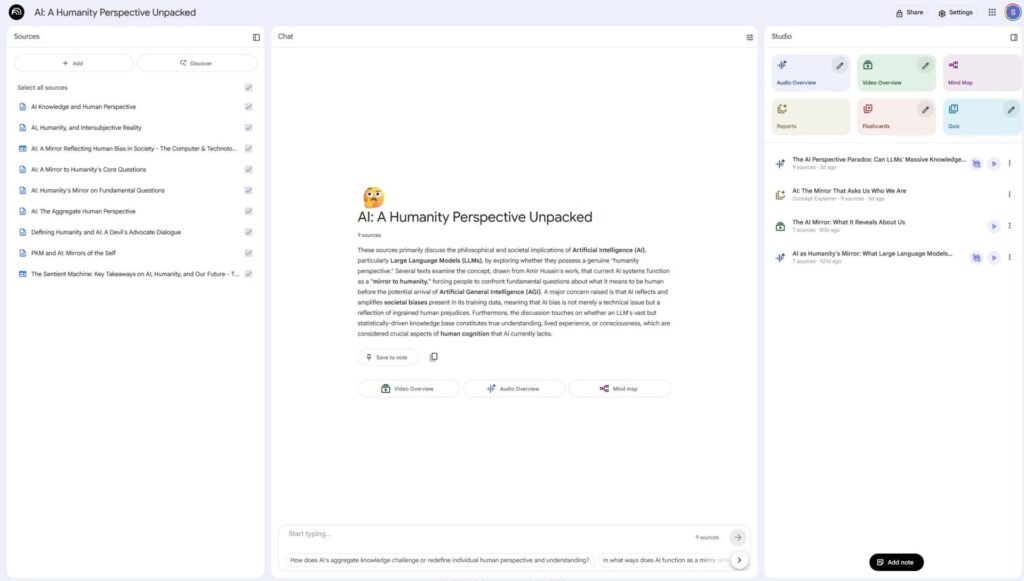A screenshot showing my Google Notebook LM for my AI as a mirror to humanity project