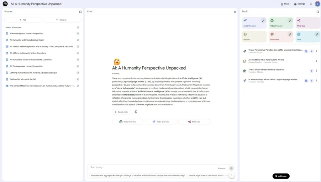 A screenshot showing my Google Notebook LM for my AI as a mirror to humanity project