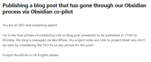 The prompt I use to work with Obsidian co-pilot to help me market the post I'm in the process of publishing including this post.