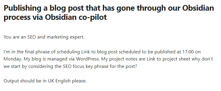The prompt I use to work with Obsidian co-pilot to help me market the post I'm in the process of publishing including this post.