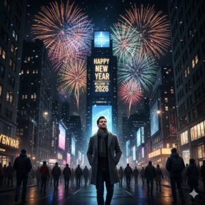 An AI generated image of a man walking down a busy street seeing in 2026.