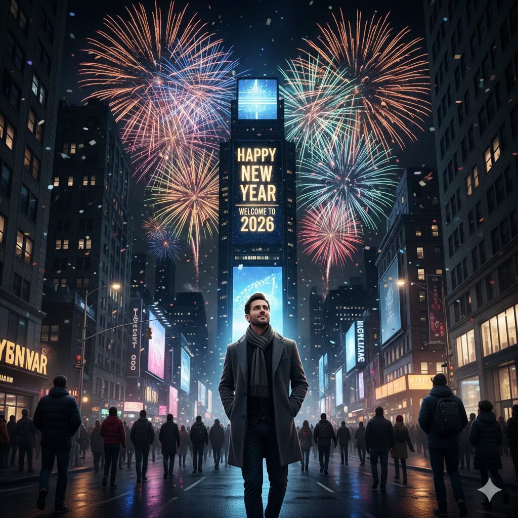 An AI generated image of a man walking down a busy street seeing in 2026.