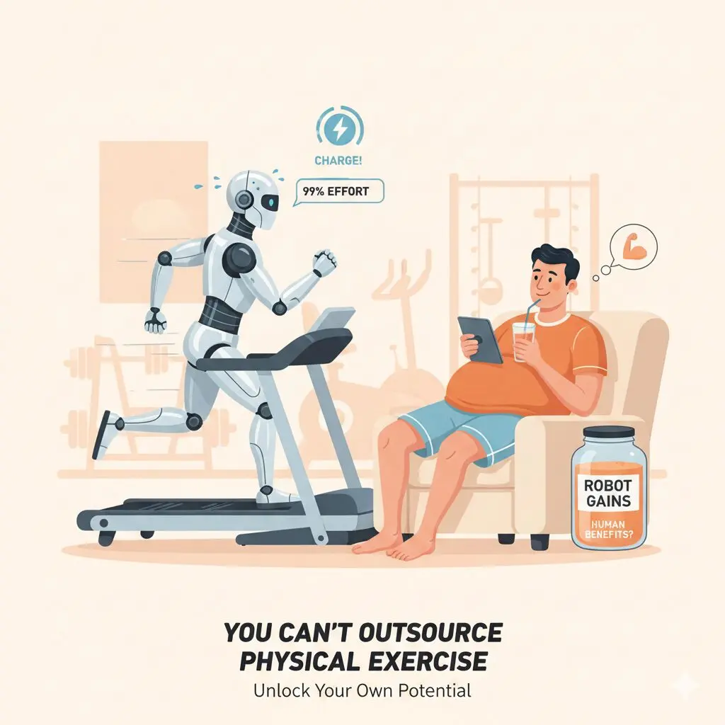 Illustration showing a humanoid robot exercising vigorously on a treadmill displaying '99% EFFORT' whilst a relaxed human sits nearby holding a tablet, dreaming of gaining muscle. A jar labelled 'ROBOT GAINS / HUMAN BENEFITS?' emphasises the futility of outsourcing physical work.