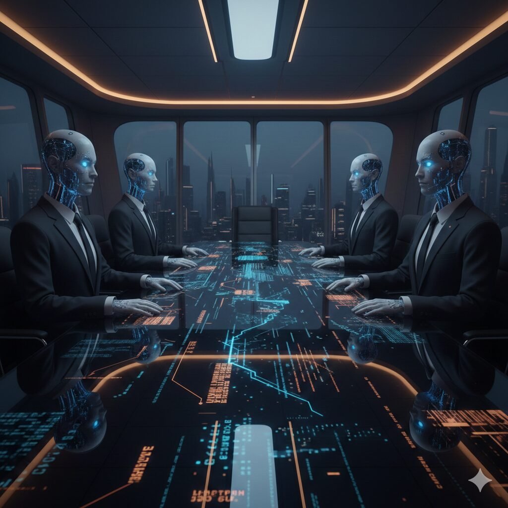 An image representing both the concepts of an AI super committee and AI acting as a mirror on humanity