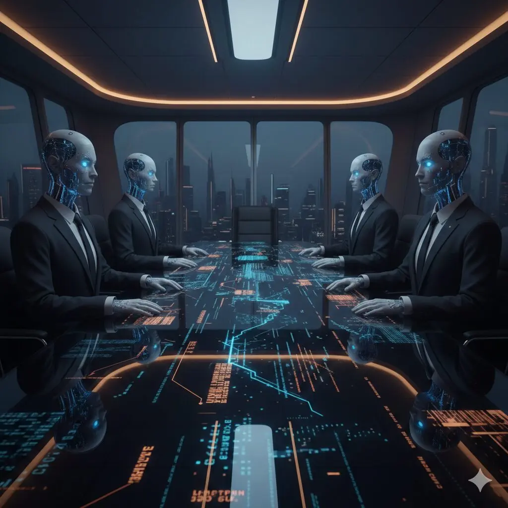 An image representing both the concepts of an AI super committee and AI acting as a mirror on humanity