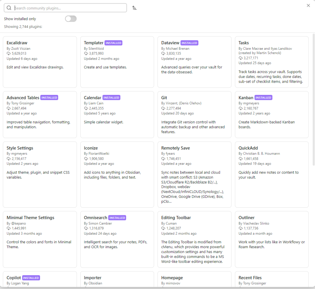 Screenshot of the Obsidian community plugin showing the most downloaded by the Obsidian community