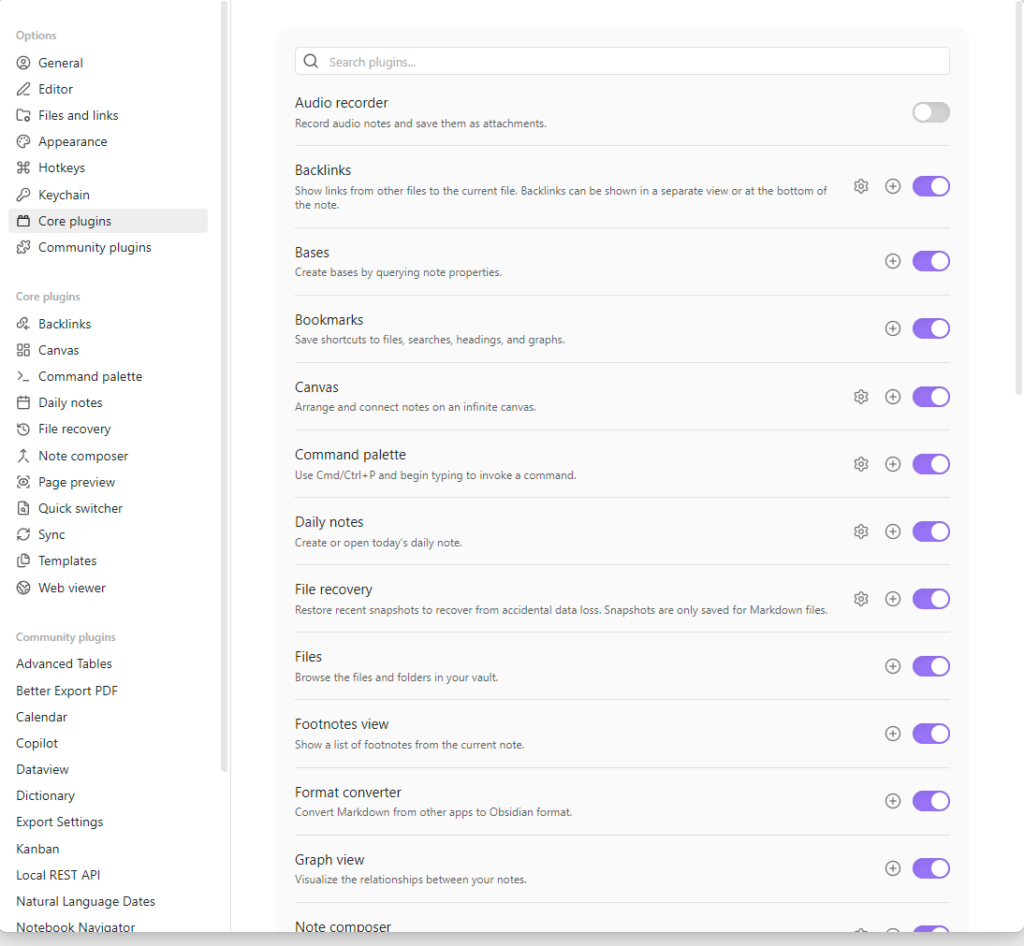 Screenshot of the Obsidian core plugin settings