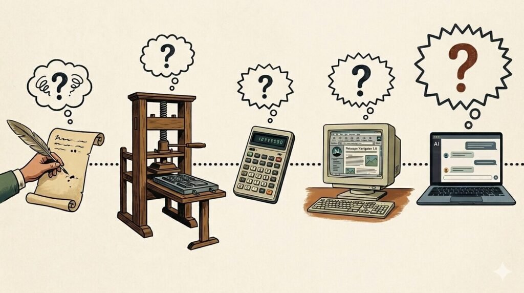 An image showing a timeline of a few of the technologies that have raised concerns that they reduce our cognitive capabilities