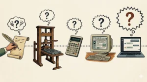 An image showing a timeline of a few of the technologies that have raised concerns that they reduce our cognitive capabilities