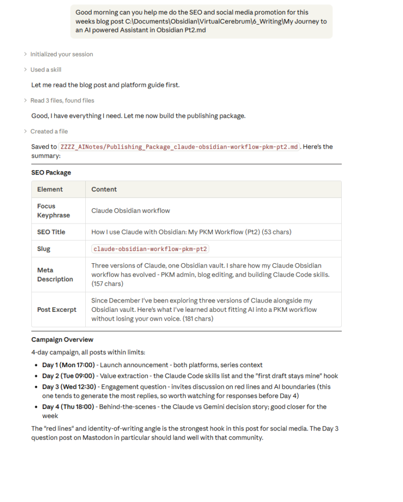 An image of the response Claude code running in the Claude windows app provided when I requested its assistance with promoting this post.