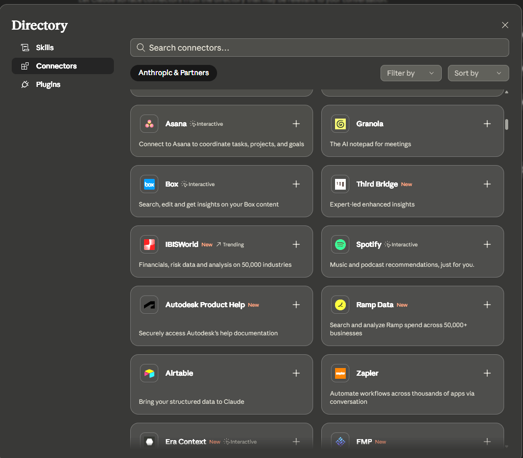 Screenshot of the Claude connections setup screen which includes the connection with Spotify