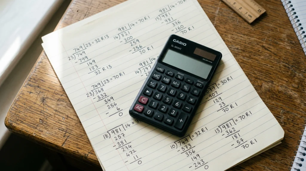 A black pocket calculator resting on a pad of lined paper covered in handwritten long division sums, on a worn wooden desk.