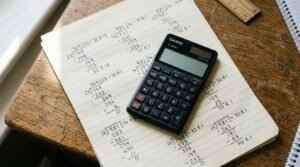 A black pocket calculator resting on a pad of lined paper covered in handwritten long division sums, on a worn wooden desk.
