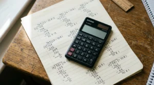 A black pocket calculator resting on a pad of lined paper covered in handwritten long division sums, on a worn wooden desk.