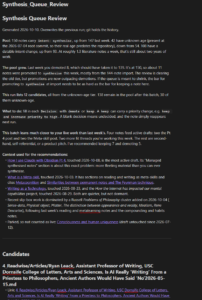A screenshot of a synthesis queue review generated by Claude code.