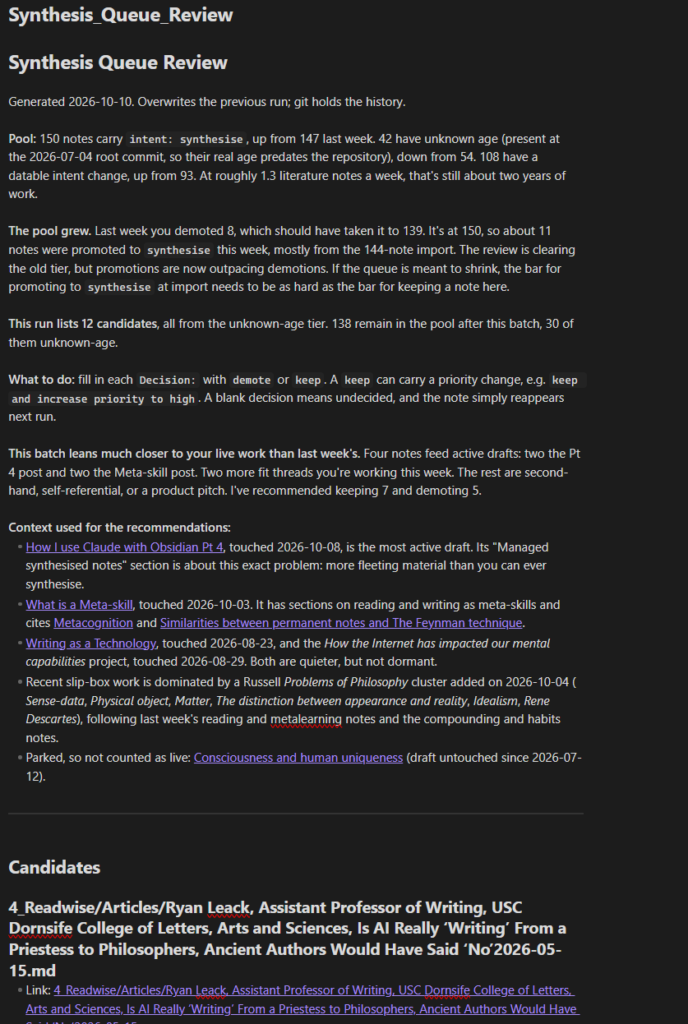 A screenshot of a synthesis queue review generated by Claude code